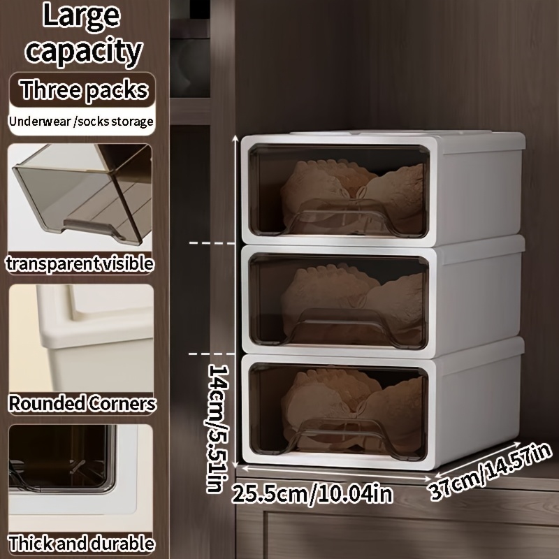3-layer Stackable Pp Plastic Drawer Cabinet Transparent Wardrobe Storage Box Large Capacity Underwear Socks Clothes Storage Box Wardrobe Bathroom Office , Storage Drawer Units