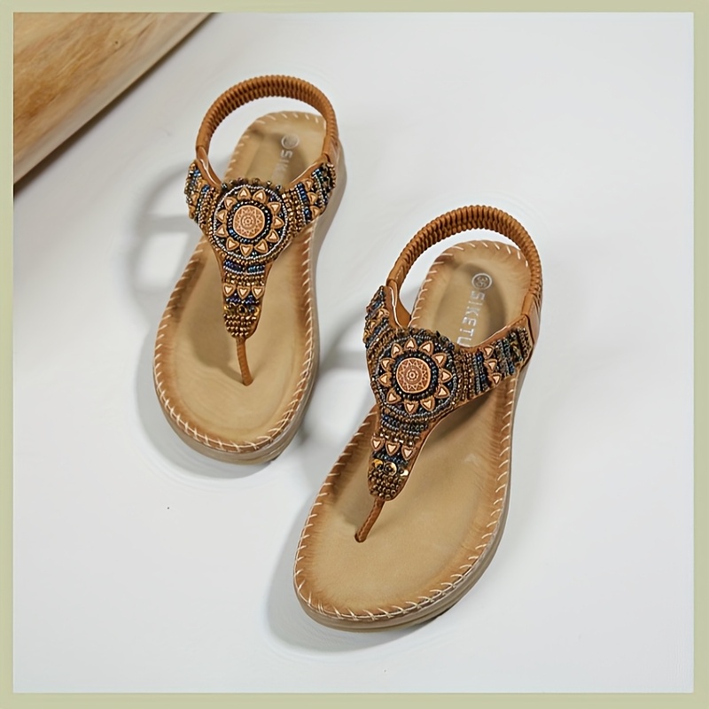 Women'S Flip-Flops, Bohemian Comfortable Beaded Beach Vacation Plus Size Flat Shoes, Women Shoes