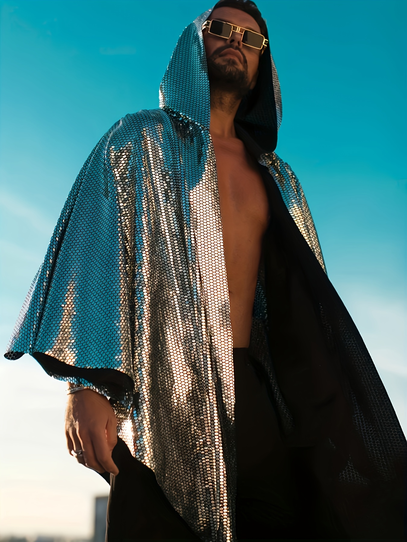mens loose laser sequin hooded shawl nightclub rave music   with contrast sequin details and   stretch fabric