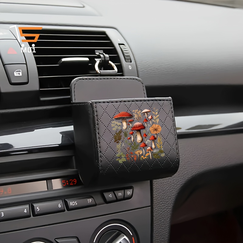 TEMU 1pc Botanical Pattern Print Car Vent Hanging Storage Box Car Organizer Multifunctional Phone Holder Pu Leather Car Phone Stand Car Interior