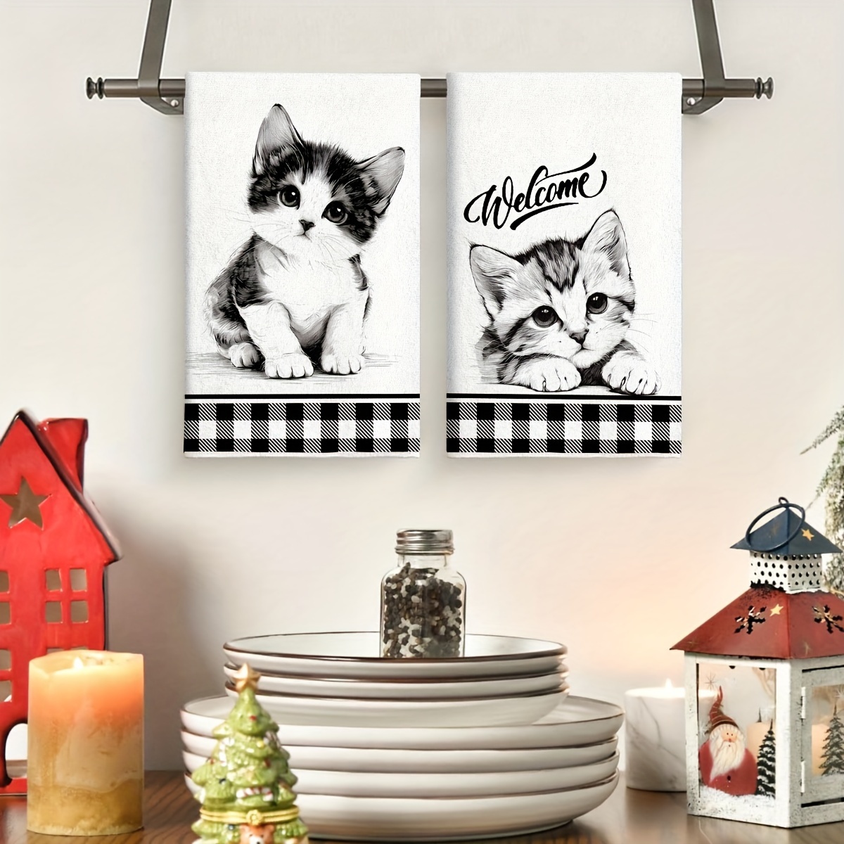 2pcs Microfiber Hand Towels - Cute Black & White Kitten Design, Absorbent Kitchen & Bathroom Dish Cloths, Perfect For Cooking, Baking, Housewarming Gifts