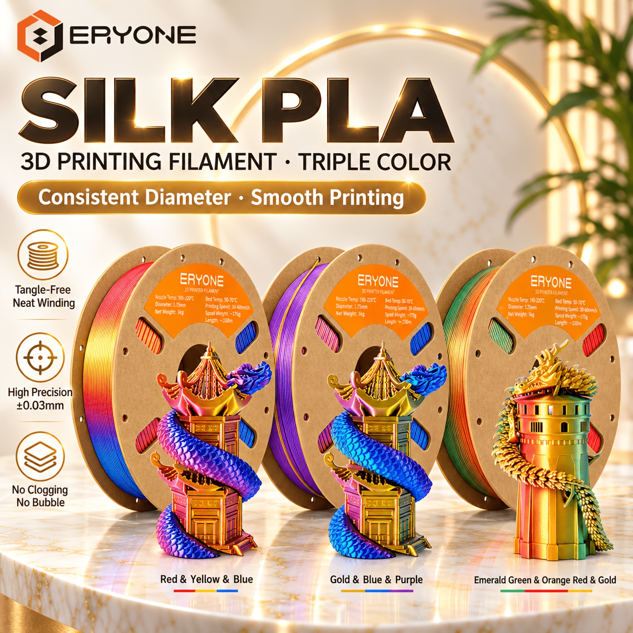 Image of Eryone Tri-color Set 3d Printing Supplies Filament For 3d Printer, 3 Rolls(3kg Total) 1.75mm +/-0.03mm Tolerance, Smooth Feeding