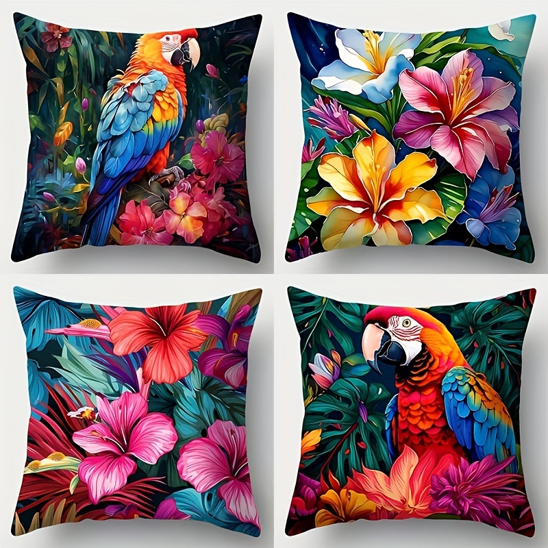 

4pcs Vibrant Parrot & Covers Set - Zippered Polyester Pillowcases For Sofa And Bedroom Decor, Machine Washable