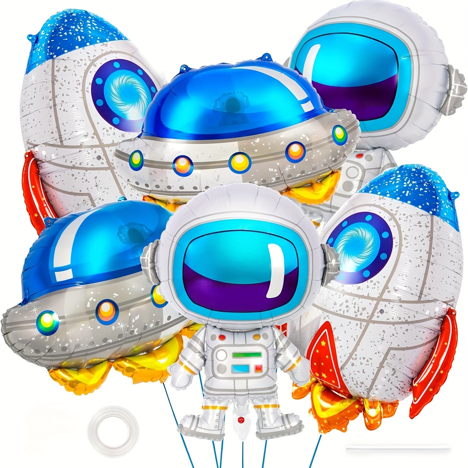 

6pcs Large Space & Astronaut Foil Balloons - Perfect For Outer Space Themed Birthday Parties, Galaxy Celebrations & More - Includes Curling Ribbon