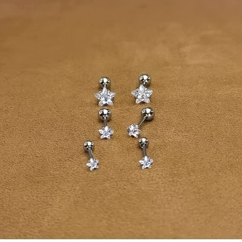 6pcs Set Hypoallergenic Stainless Steel Screw--shaped Synthetic Zirconia Ear Bone Studs