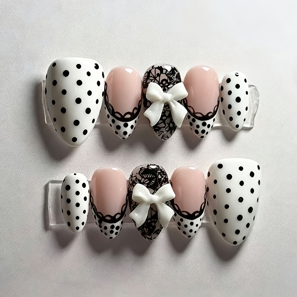TEMU 30pcs Of Black And White Wavy French Polka Dot Press Nails, Black Polka Dots With Bows, Nail , Comes With Nail Tools, For Women