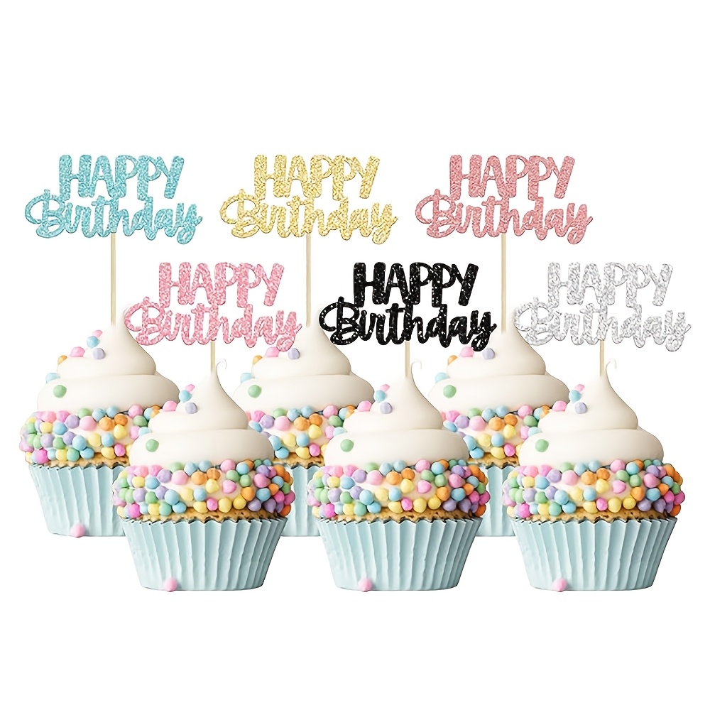 Image of 24pcs Happy Birthday Cupcake Toppers Glitter Birthday Cake Pick Decorations For Birthday Party Anniversary Celebration
