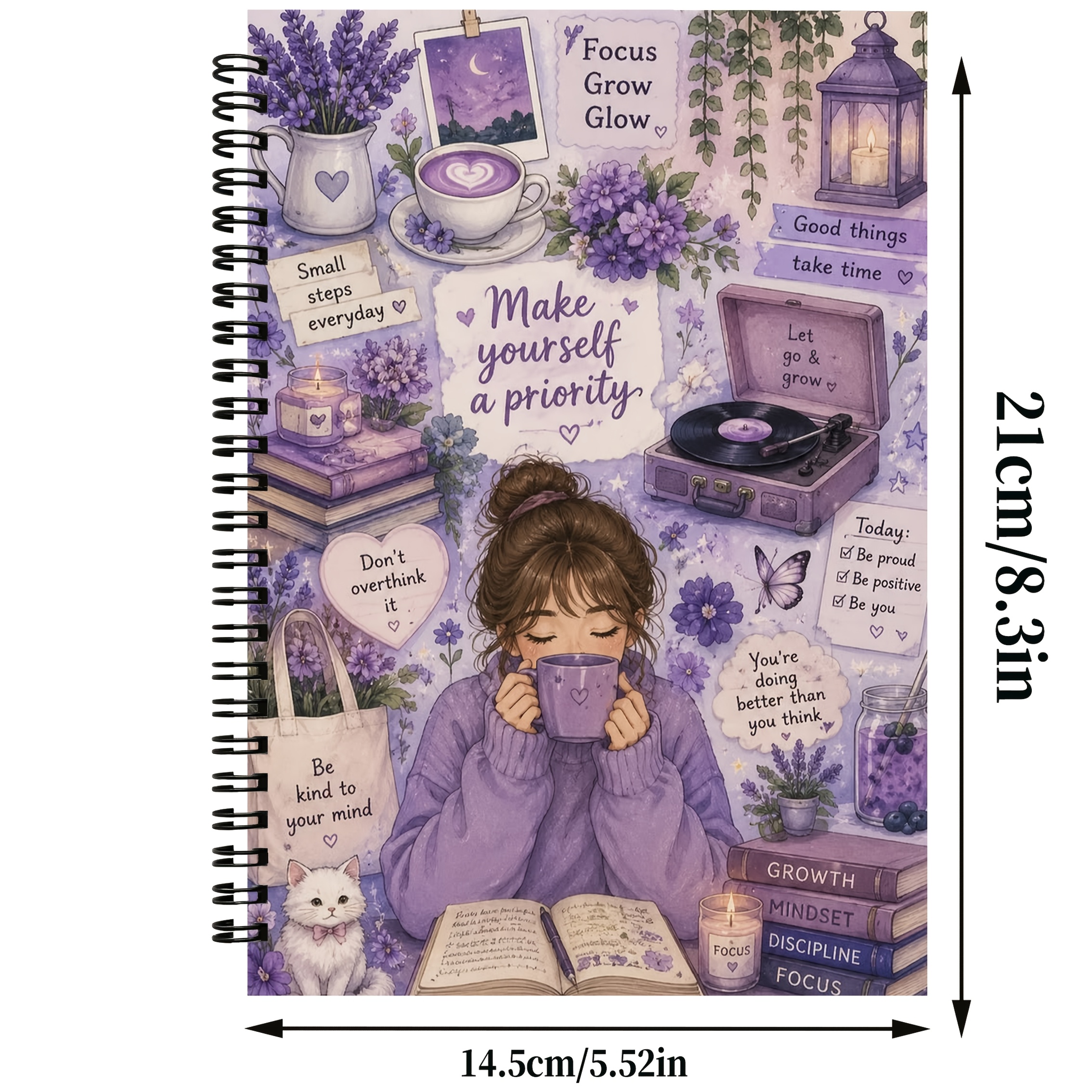 TEMU 1 Pack Spiral Notebook, Purple Self Care Girl Lavender Positive Quote Journal Notebook For Daily Journaling, Office &