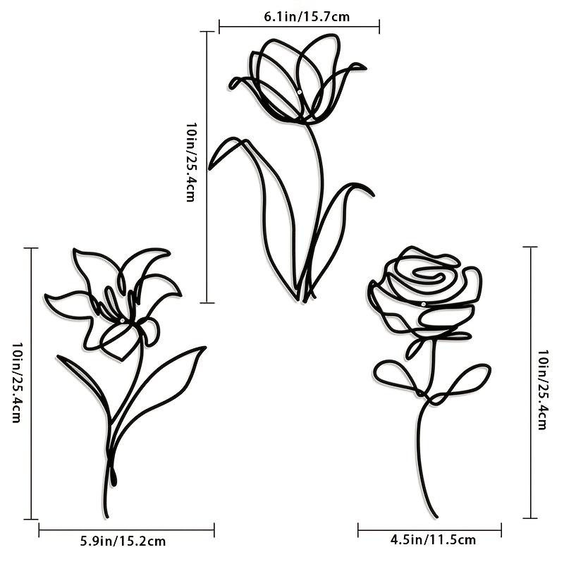 Image of 3pcs Black Metal Wall Decoration, Line Flowers, Wall Carving, Minimalist Wall Art, Iron Material. Flower Color To The Living Room, Kitchen, Bedroom, Bathroom, Patio, A Unique Christmas Gift