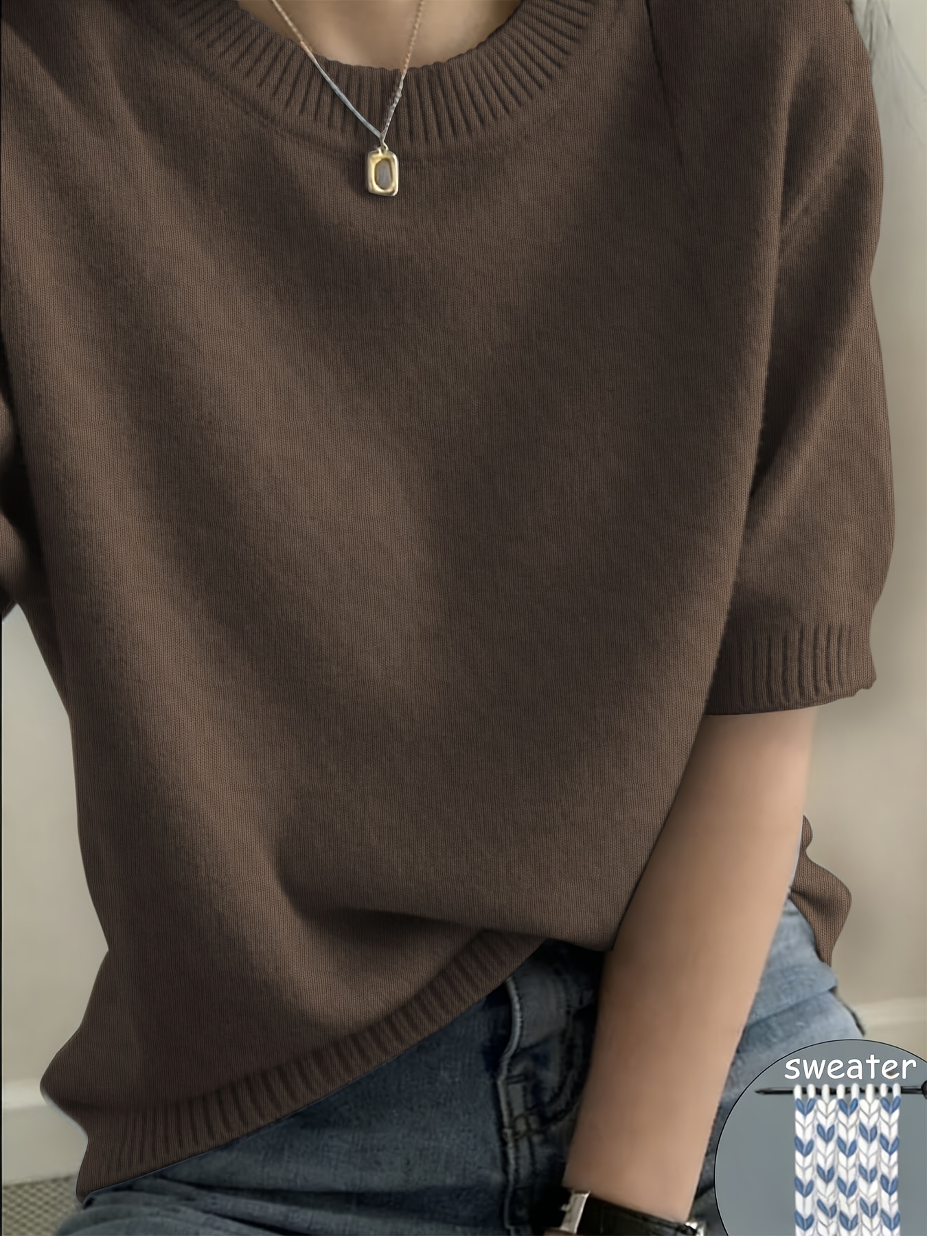 sweater boutique womens vintage home pullover round neck short sleeve soft comfortable elastic top selling   round neck short sleeve sweaters