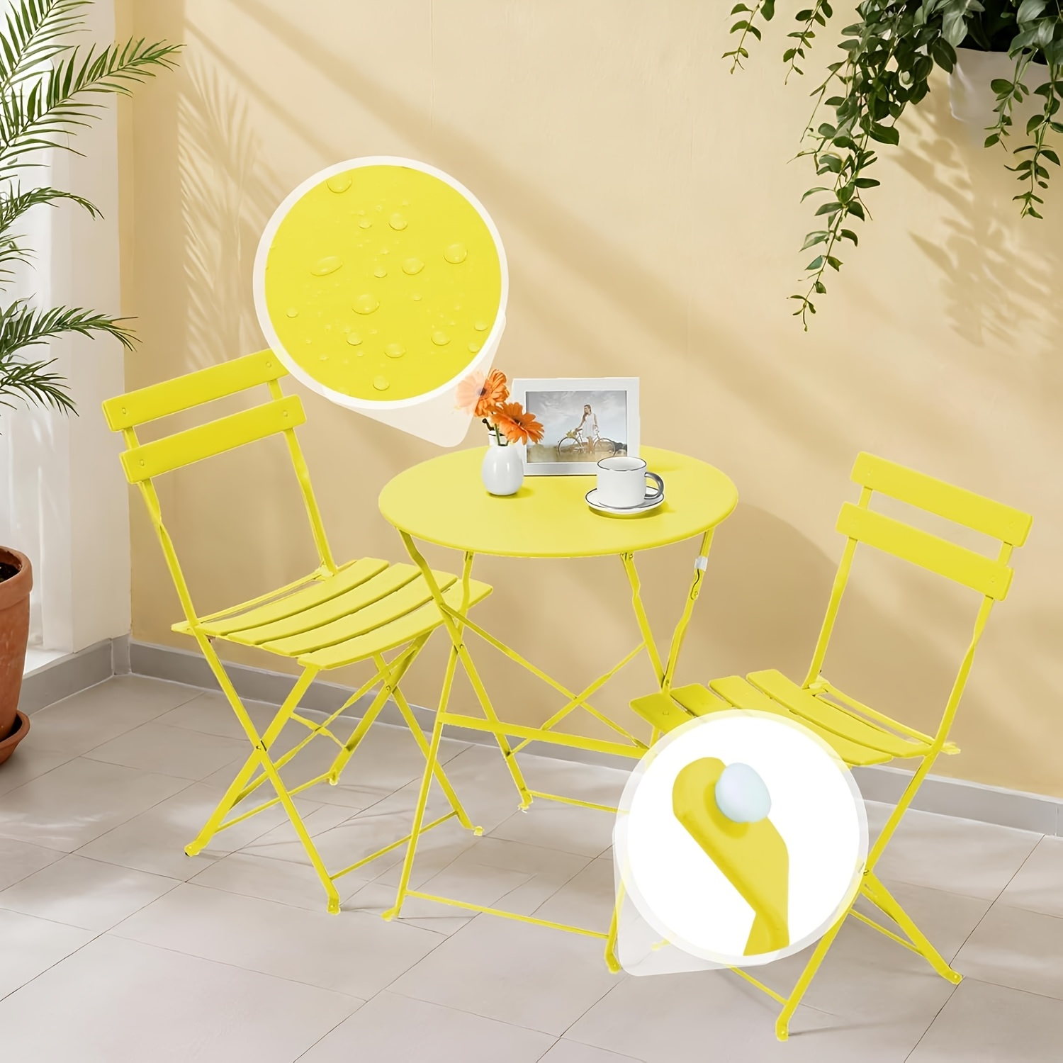 3pcs outdoor folding bistro set space saving   sets steel patio furniture set 2 chairs   patio set outdoor indoor conversation set for cafe backyard balcony deck supports 300 lbs per chair 130 lbs per table