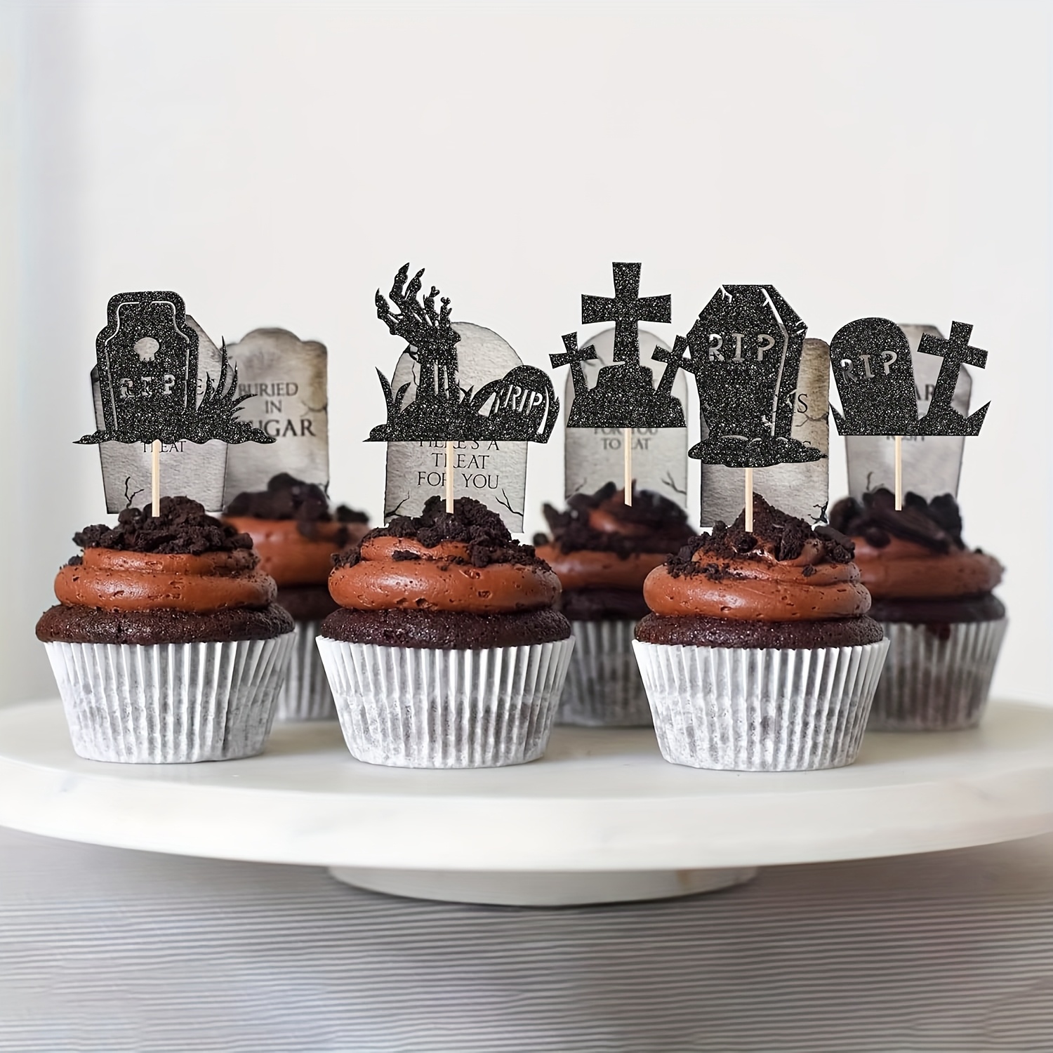 20 stück halloween grabstein-cupcake-topper – glitzer rip friedhofsgräber, zombie-kreuz & figuren holz-deko für halloween party, gruselige geburtstagscupcakes, halloween-dekorationen, festliche dessert-zubehör, unheimliches friedhofsthema, detailverarbeitung, heim-bakerei
