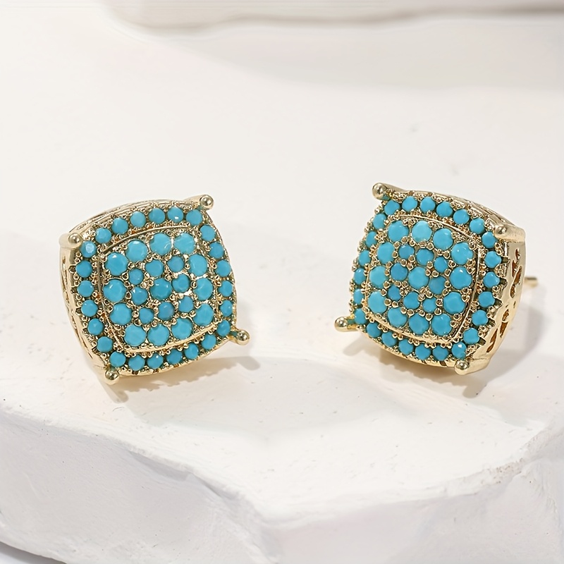 TEMU Boucles d'oreilles luxueuses minimalistes carrées en cuivre avec turquoise synthétique incrustée, pour hommes et femmes, boucles d'oreilles