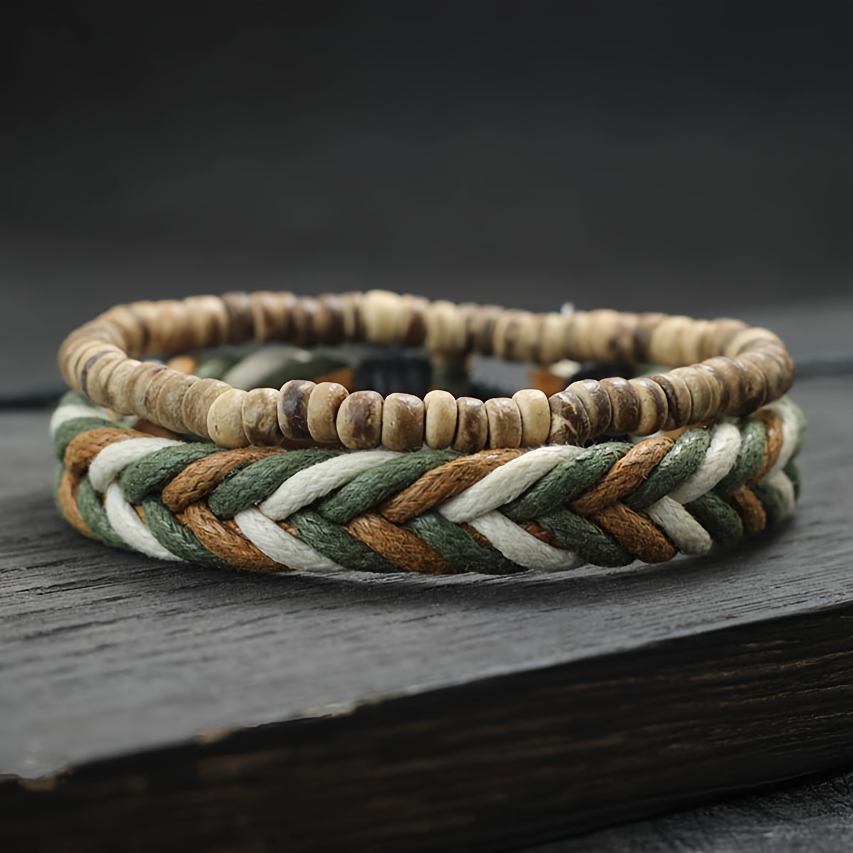 E-shop 2er-Set Vintage Ethnische Stil Naturholzperlen Stapelweise Gewebte Handseil Armband Armband Set Herren Böhmischer Stück Perlen Armband Armband