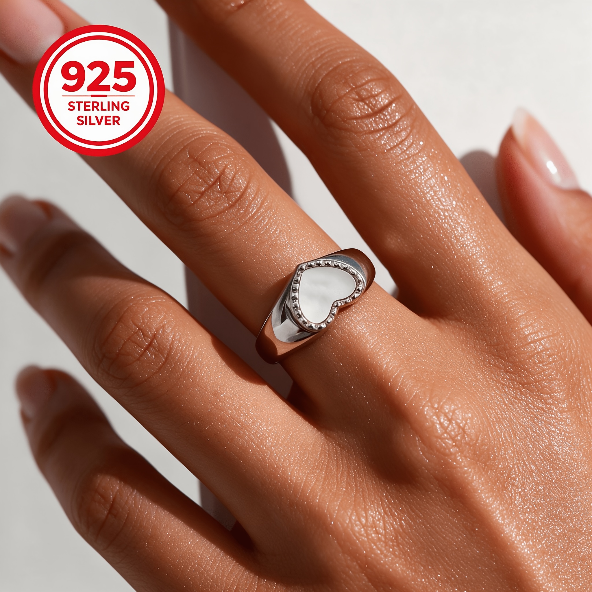 925 Silver Adjustable Heart-Shaped Shell Ring, Luxury Gift