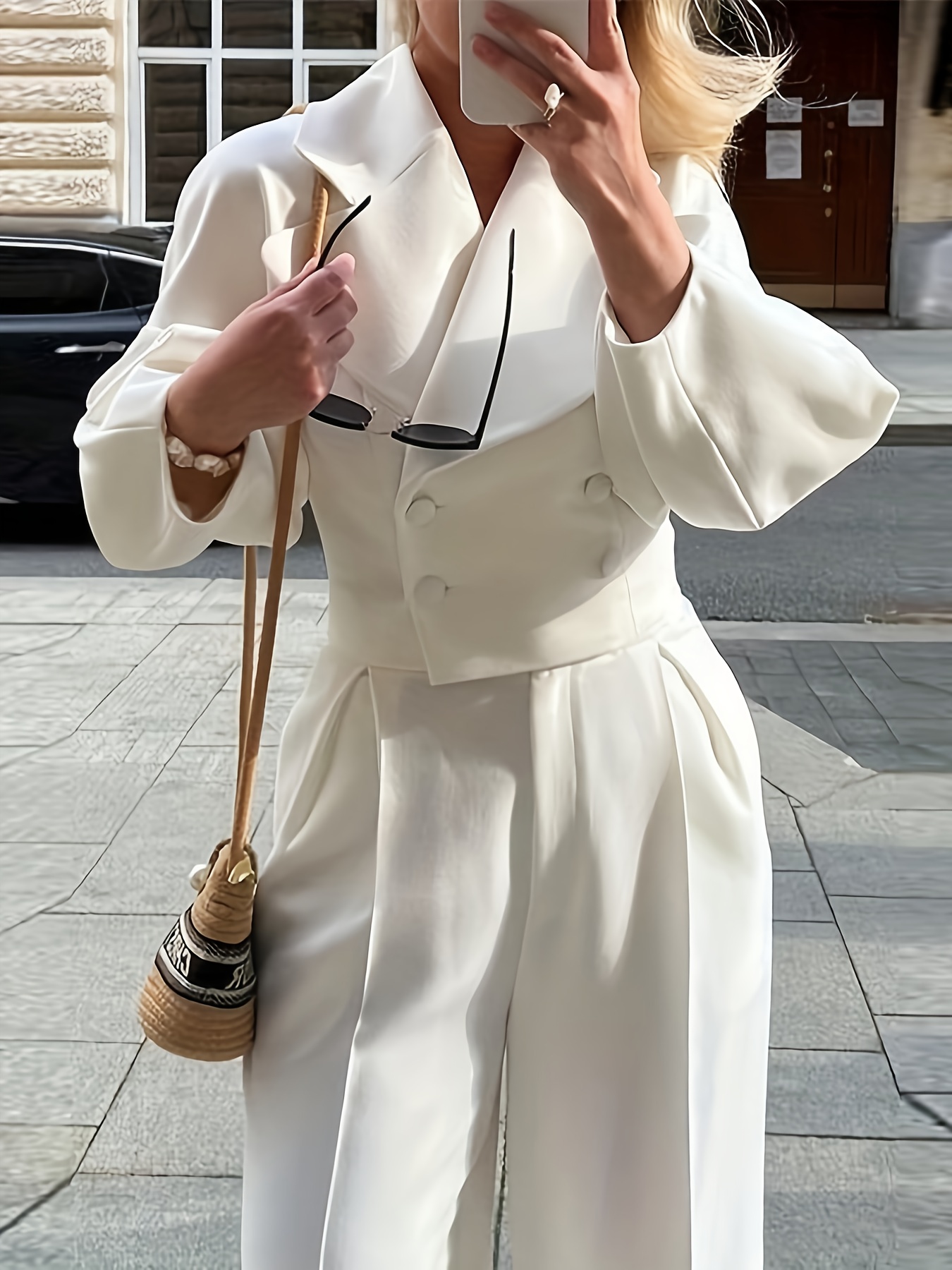 Trendy Women's Autumn Fashionable Turquoise Suit Double Breasted Jacket  with Puff Sleeves And Palazzo Pants for Business Casual S