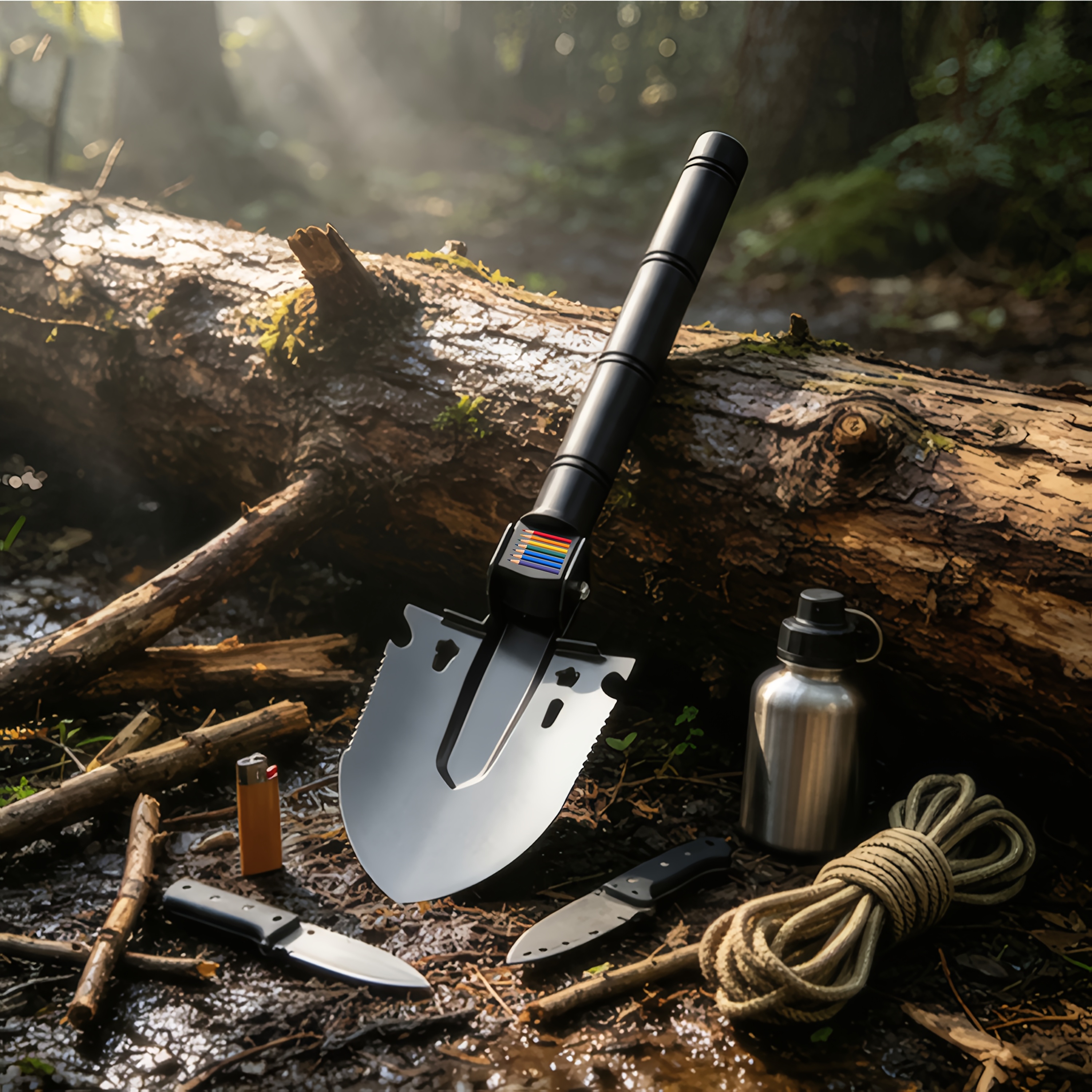 4-in-1 Entrenching Tool with Colorful Gradient Wood Grain Design