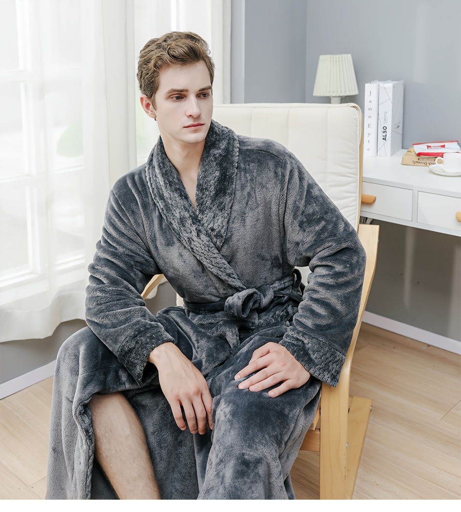 1pc Bathrobe Women or Men Plus Size for Winter & Spring & Autumn, No Hooded, Grey, Long, Flip Collar, Plush Robe for Bathroom, Bedroom, Thicken Flannel Towel for Shower, Sleepwear Gown, Can As Couple Home Clothes Robes