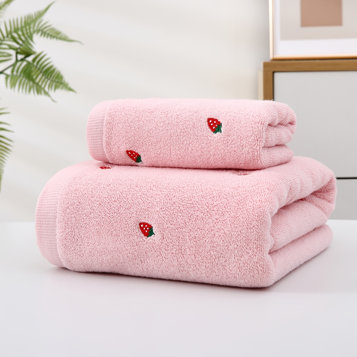 Image of 2pcs Evershine Cotton Bath Towel Set, 450 Gsm Embroidered Strawberries, Ultra Absorbent Towels For Bathroom, Spa, Swimming, Gym, , Wash Cloths