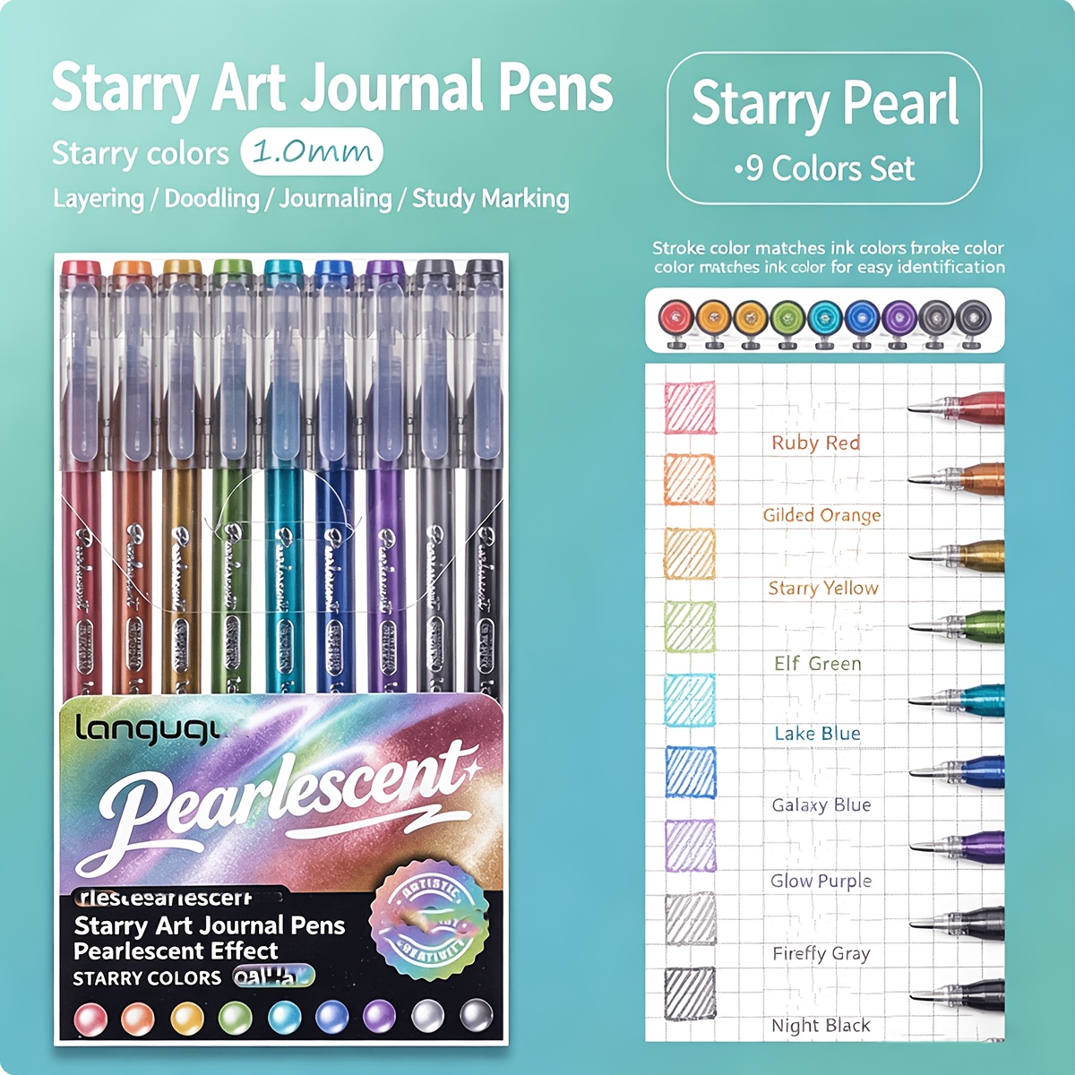 TEMU Languo 9pcs Pearlescent Color Glitter Gel Pens, 1.0mm Pen Tip, Quick Drying, Smooth Writing, Suitable For Drawing, Making Cards, Graffiti, Art