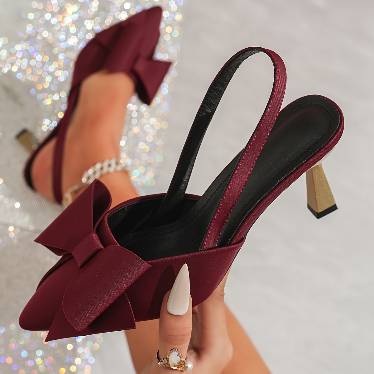 burgundy embellished heels