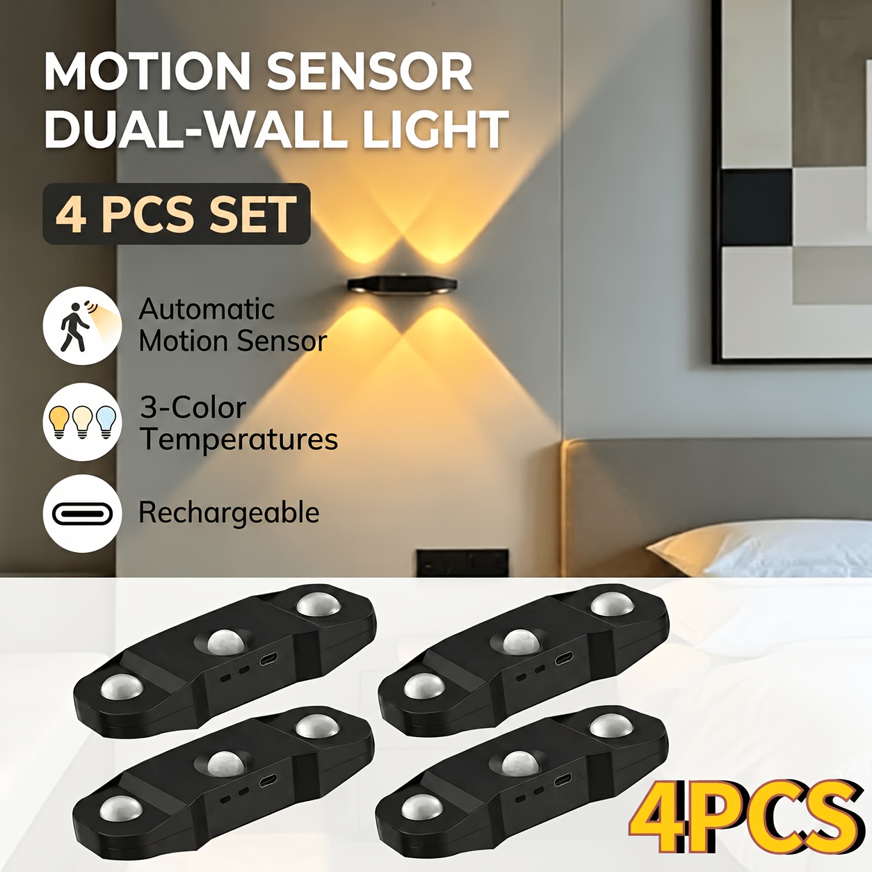 TEMU 4pcs Magnetic Dual-lens 4-beam Motion Sensor Wall Light, Wireless Rechargeable Soft Led Accent Lamp, No-wiring Decorative Spotlight For Hallway,