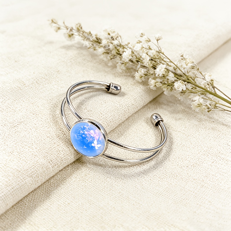 Adjustable Open Bangle with Round Time Gemstone Inlay, Classic Design