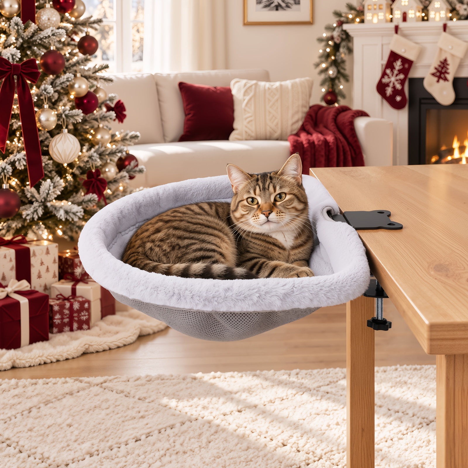 Image of Floating Desktop Cat Hammock No Drilling Sturdy Load Bearing Detachable Easy To Clean Foldable Cat Bed Suitable For Desktop Bedside Table