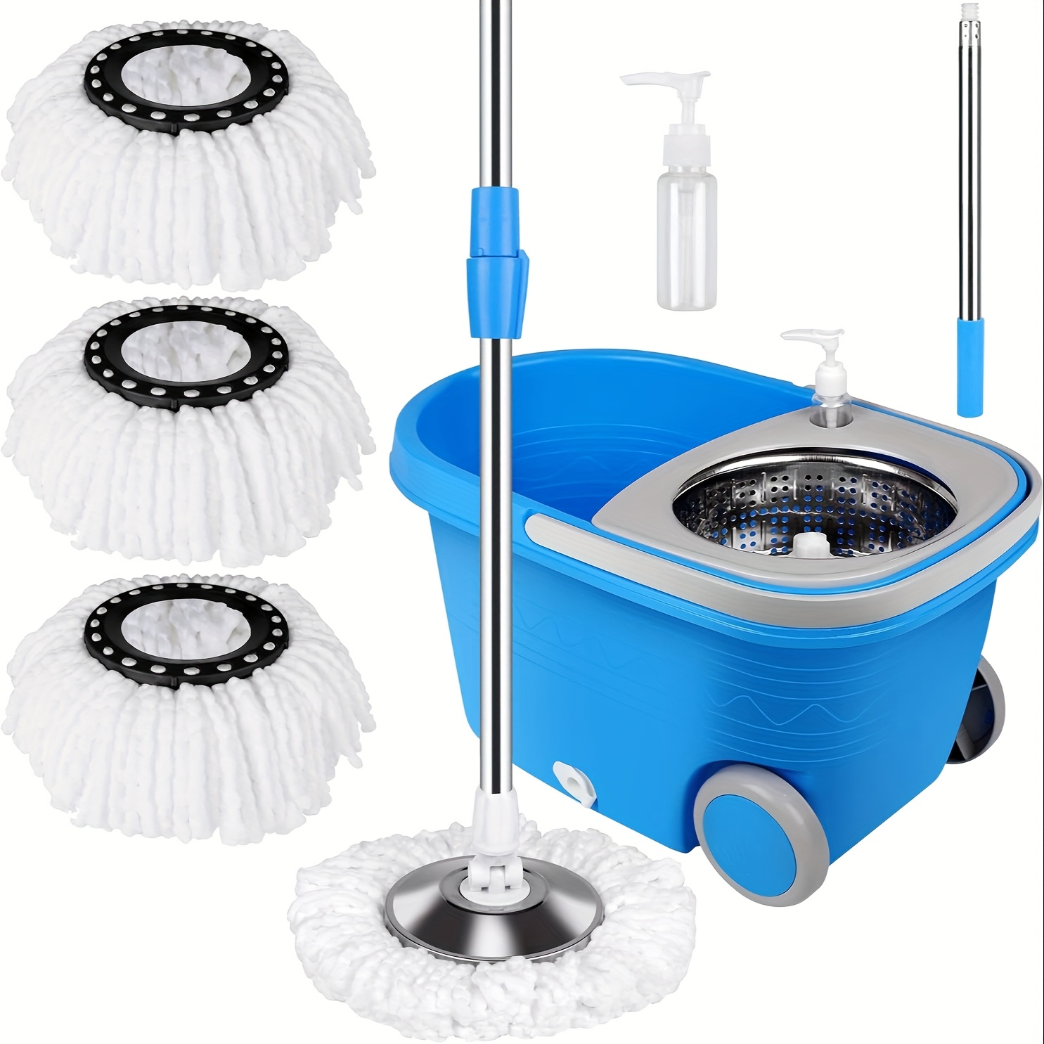 

Mop And Bucket With Wringer Set On Wheels, 360 Mop Bucket Floor Cleaning System With 3 Microfiber Refills 61" Stainless Steel Telescopic Handle For Home Office Floor Cleaning