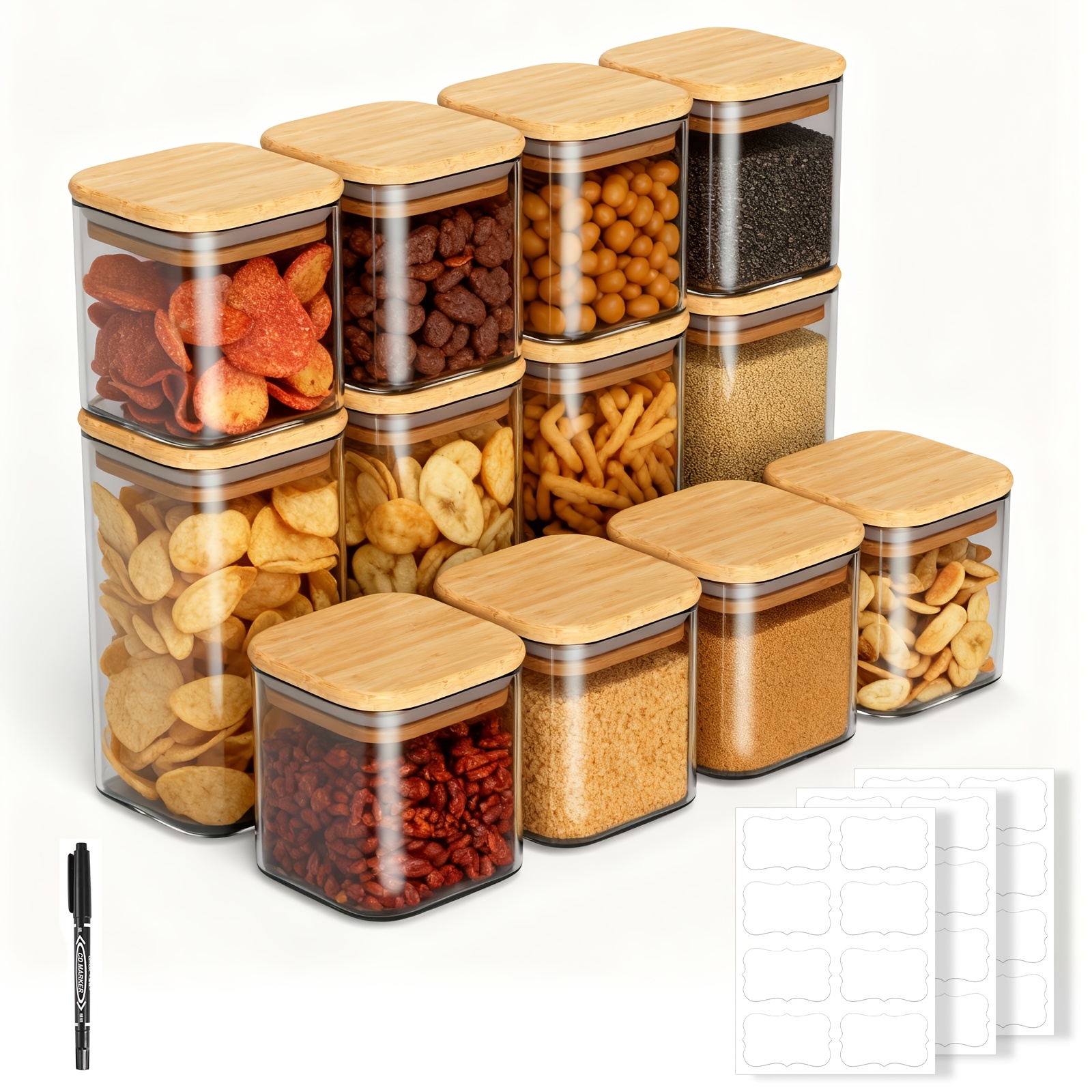 TEMU 12pcs Borosilicate Glass Storage Jar Set With Bamboo Lids, Large Mouth Sealed Kitchen Containers, Transparent Storage Set, Glass Storage Jars,