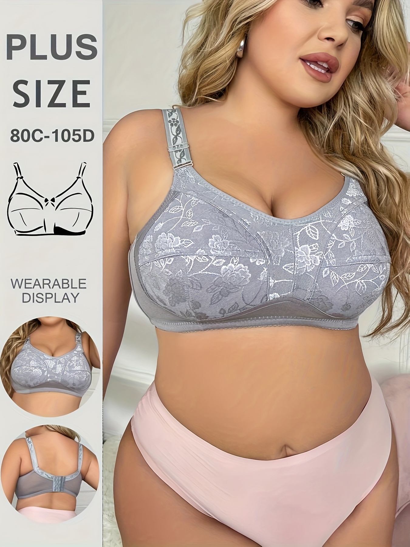 PLUS Floral Seamless Push-Up Bra, Wire-Free Bra, Comfortable And Breathable Underwear