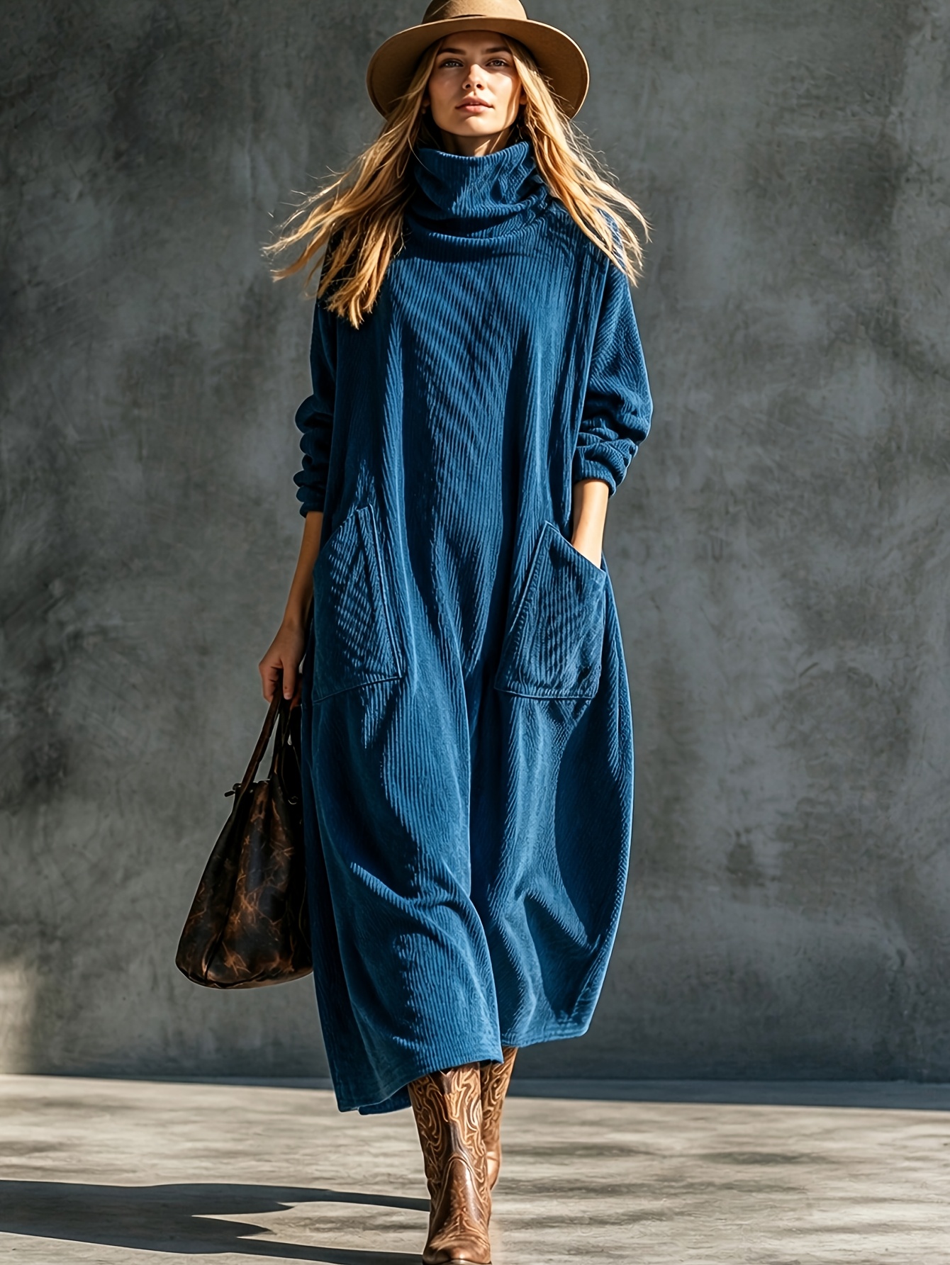 item picture plus size plus size womens corduroy slouchy high neck long dress vintage relaxed artistic style with large patch pockets loose silhouette for a effect spring autumn outing and daily wear dress b8192
