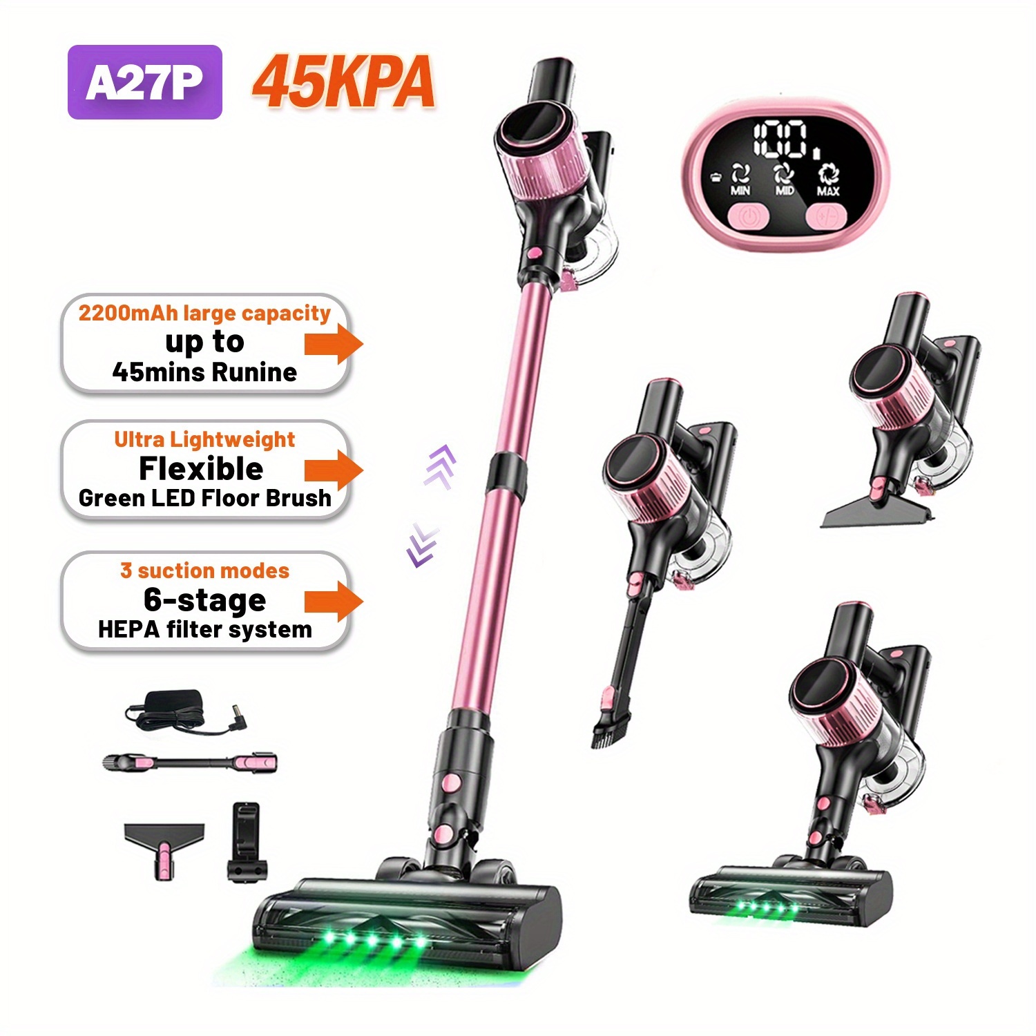 TEMU Cordless Vacuum Cleaner, Lightweight Powerful Suction Vacuum For Home, With Anti- Brush And Upgraded Green Light, Lightweight , 45mins