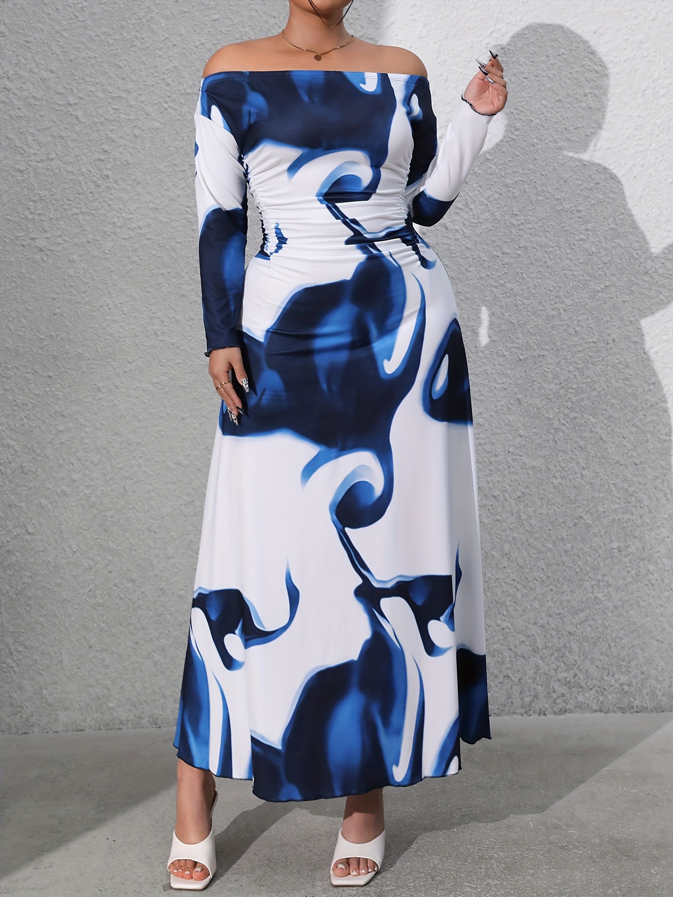 Elegant Plus Size Off-Shoulder Midi Dress with Abstract Blue and White  Print, Medium Stretch, Long Sleeves Ideal for Spring/Fall Style,