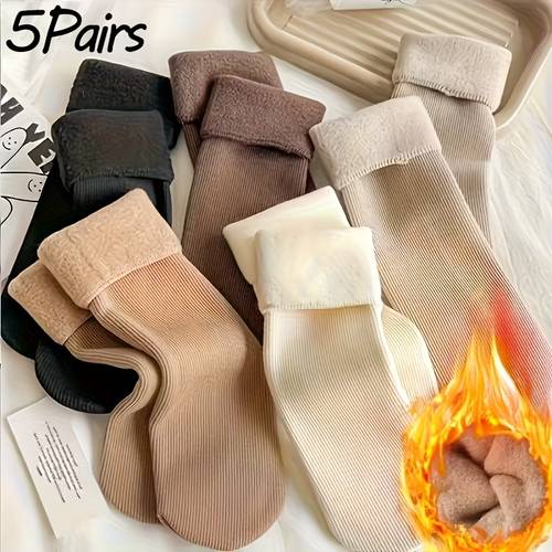 5 pairs of womens winter snow boots socks warm and comfortable solid color tube socks soft and warm floor socks comfortable plush ankle socks