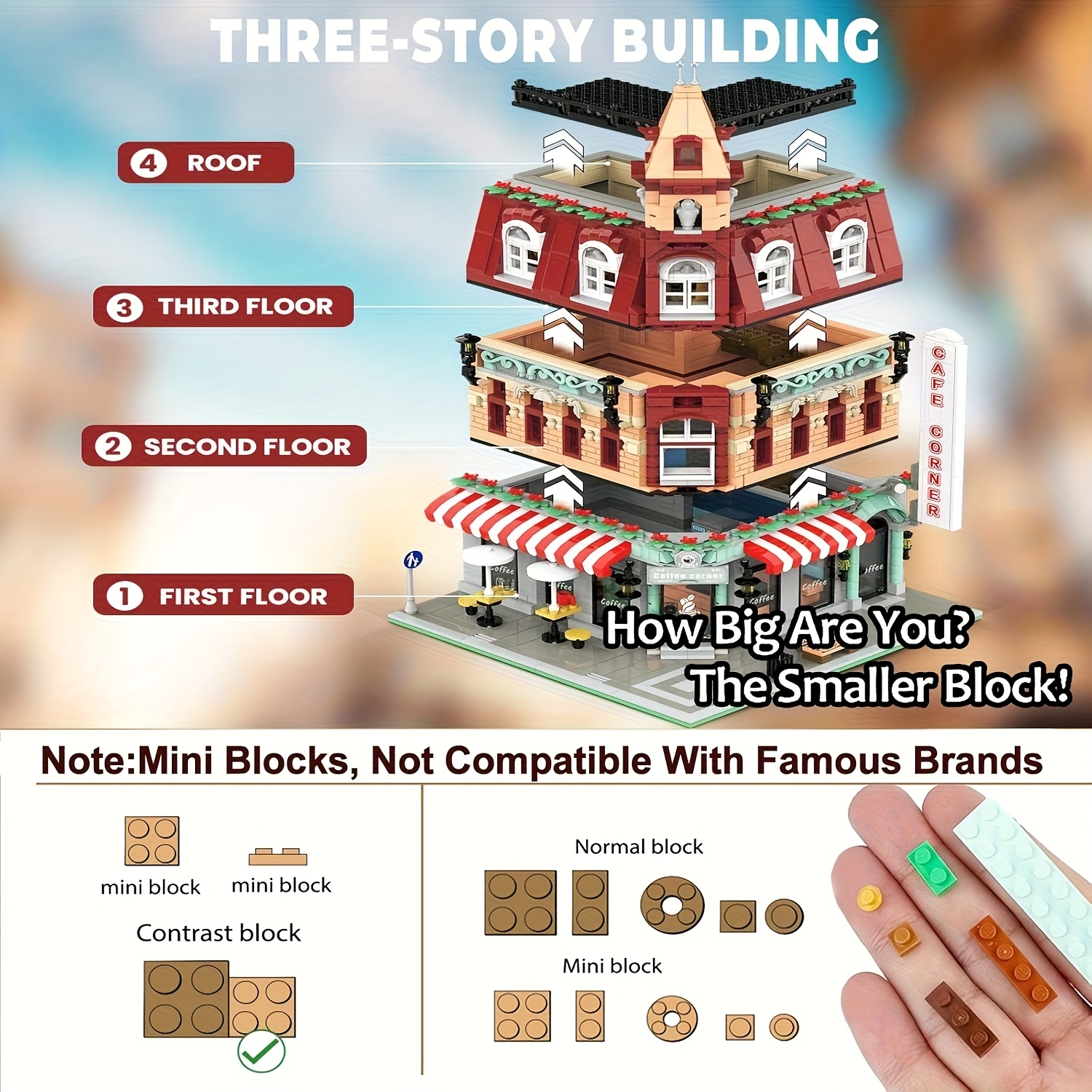 Urban Large Cafe House Building Block Set, Corner Hotel Street Scene Assembly Model, Three-story Building, High-difficulty Assembly, Ideal Independence Day Gift, Christmas, Birthday Gift 1950+pcs