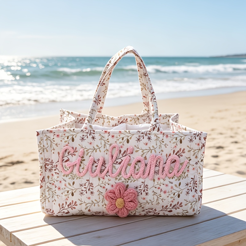 TEMU Panier de rangement et de maternité à imprimé floral avec nom personnalisé, Organisateur de couches portable en tissu, Panier de rangement pour
