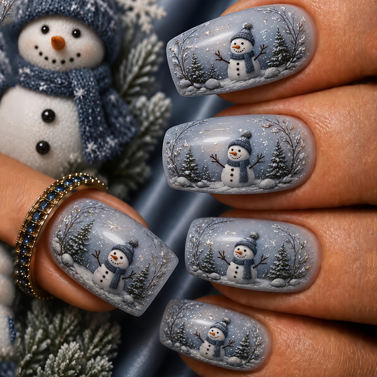 TEMU Christmas Short 24pcs Glossy Finish Gray Snowman Christmas Tree Pattern False Nails, Easy To Apply, Removable, And Reusable Press-on Nails,