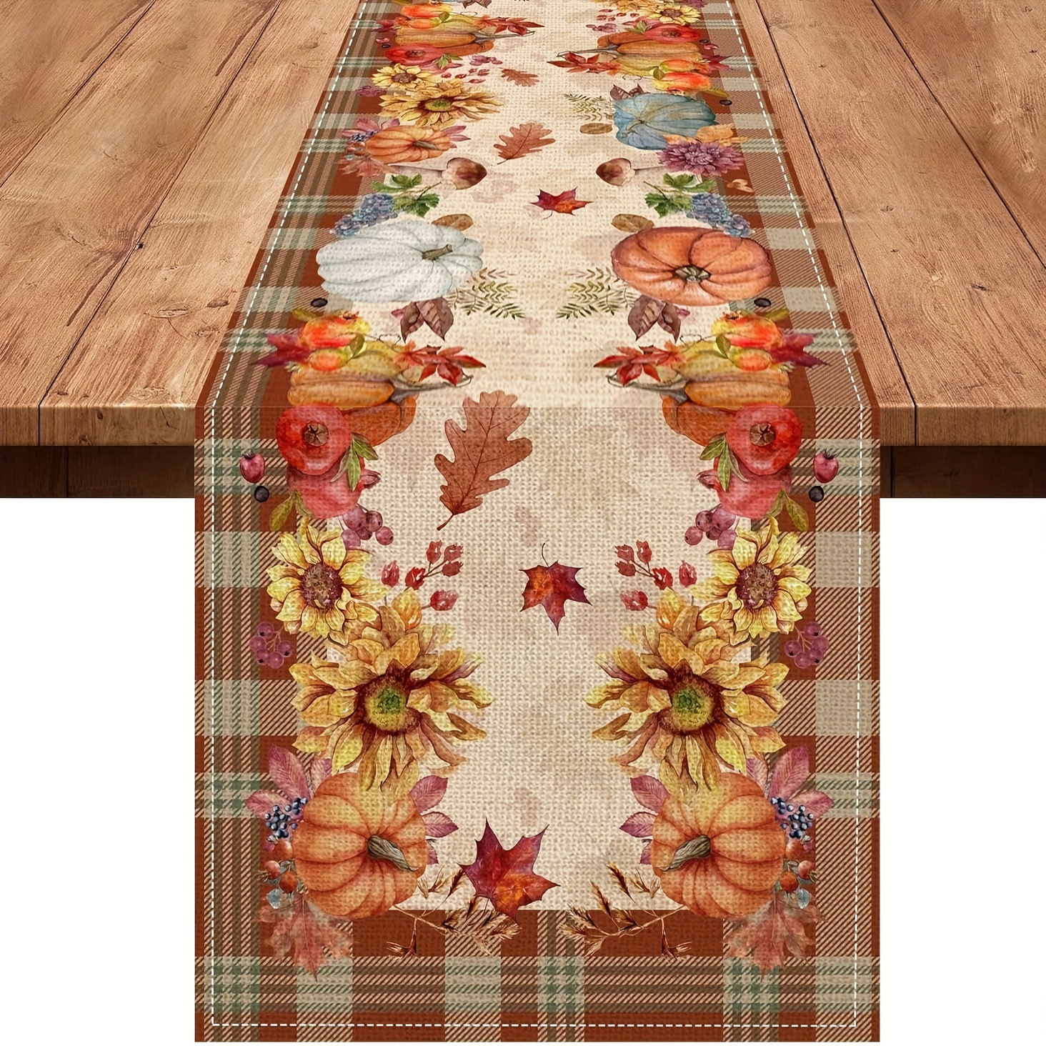 

Autumn Harvest Linen Table Runner - Pumpkin, Sunflower & Buffalo Plaid Design | Rustic Farmhouse Decor For Thanksgiving Dining | Red, Orange & Yellow | 13x48/72/108 Inches