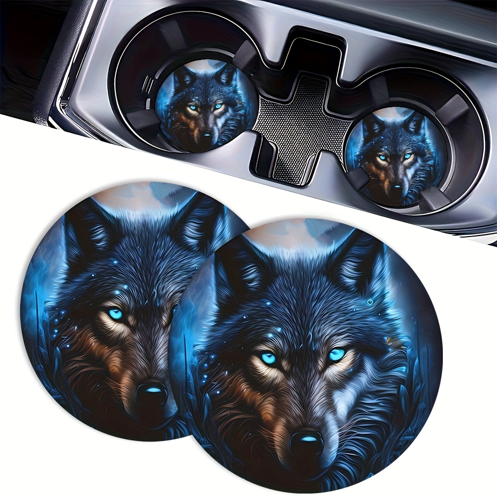 2pcs of Blue Flame Wolf King Patterned Absorbent Car Cup Holders And Coasters