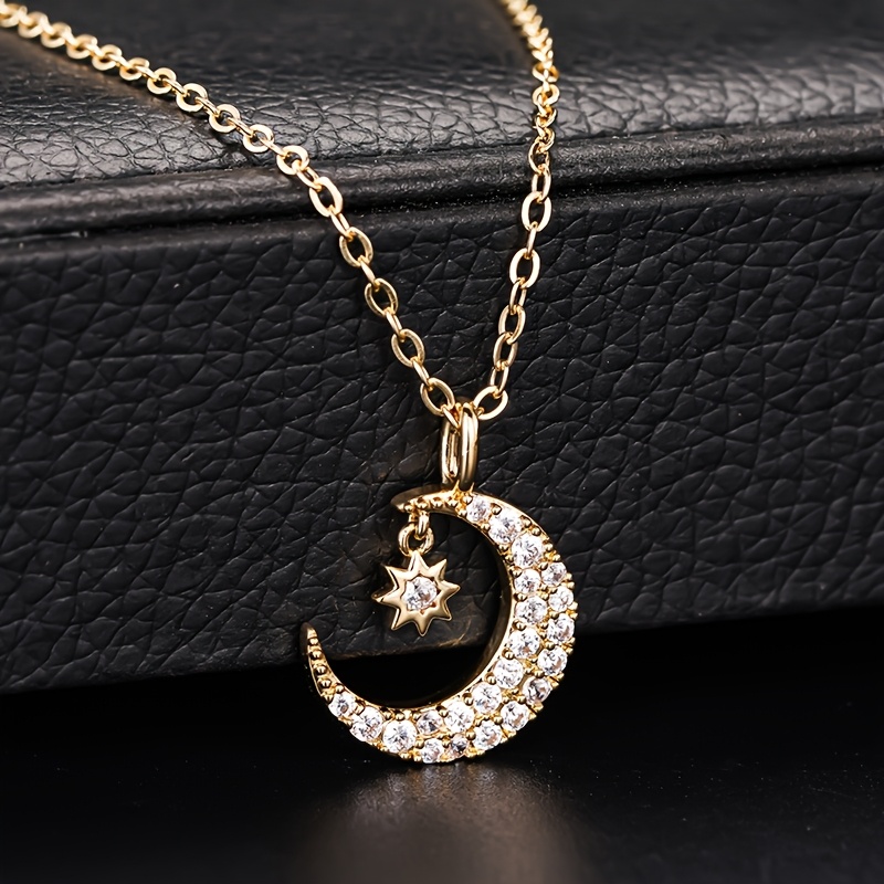 Image of 1pc Women's Fashion Pendant Necklace Inlaid Synthetic Zirconia Star Moon Pendant Necklace Women' Casual Party Clavicle Chain Ramadan Festival Necklace Jewelry Gift
