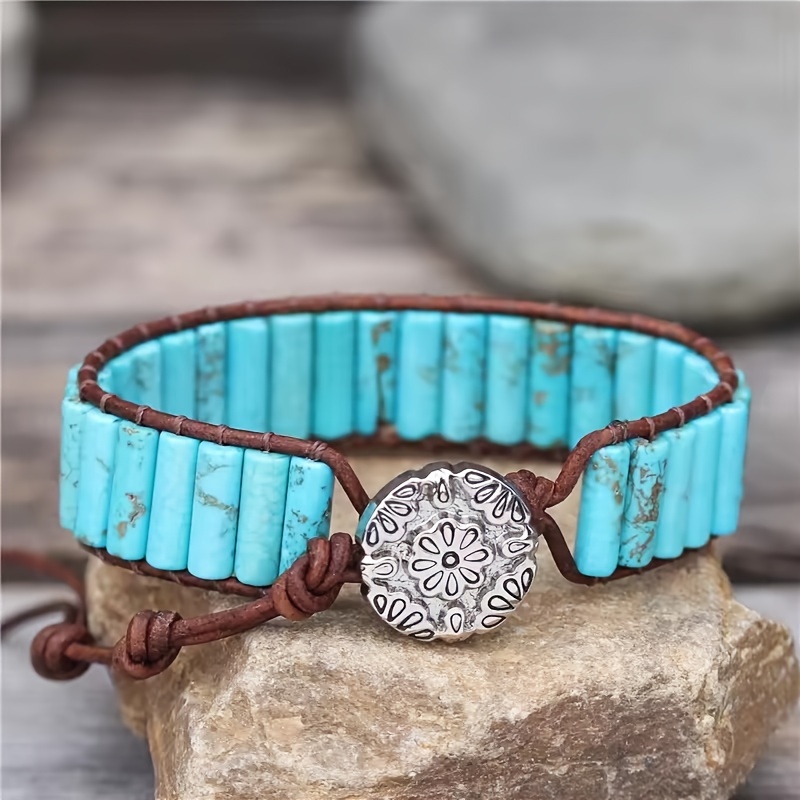 

1pc Bohemian Vintage Style Natural Turquoise Beads Bracelet, Adjustable Single Layer Women's Cuff With Button Closure