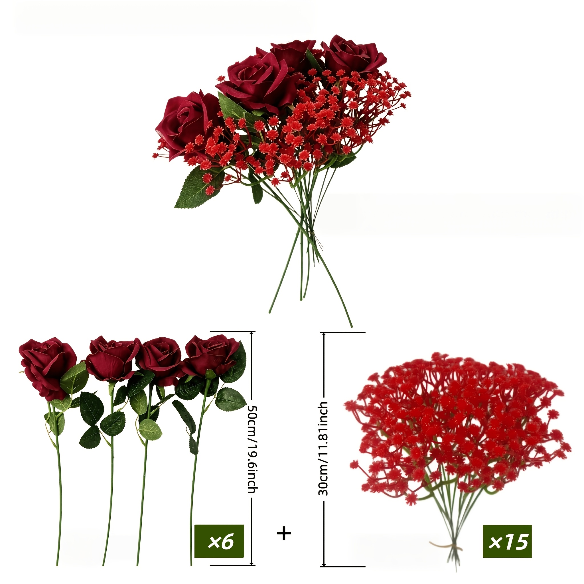 TEMU 21pcs - High-simulation Rose And 's Breath. Includes 6pcs Burgundy Roses And 15pcs Red 's Breath. Bouquet Long Stems Artificial Flowers, Vibrant