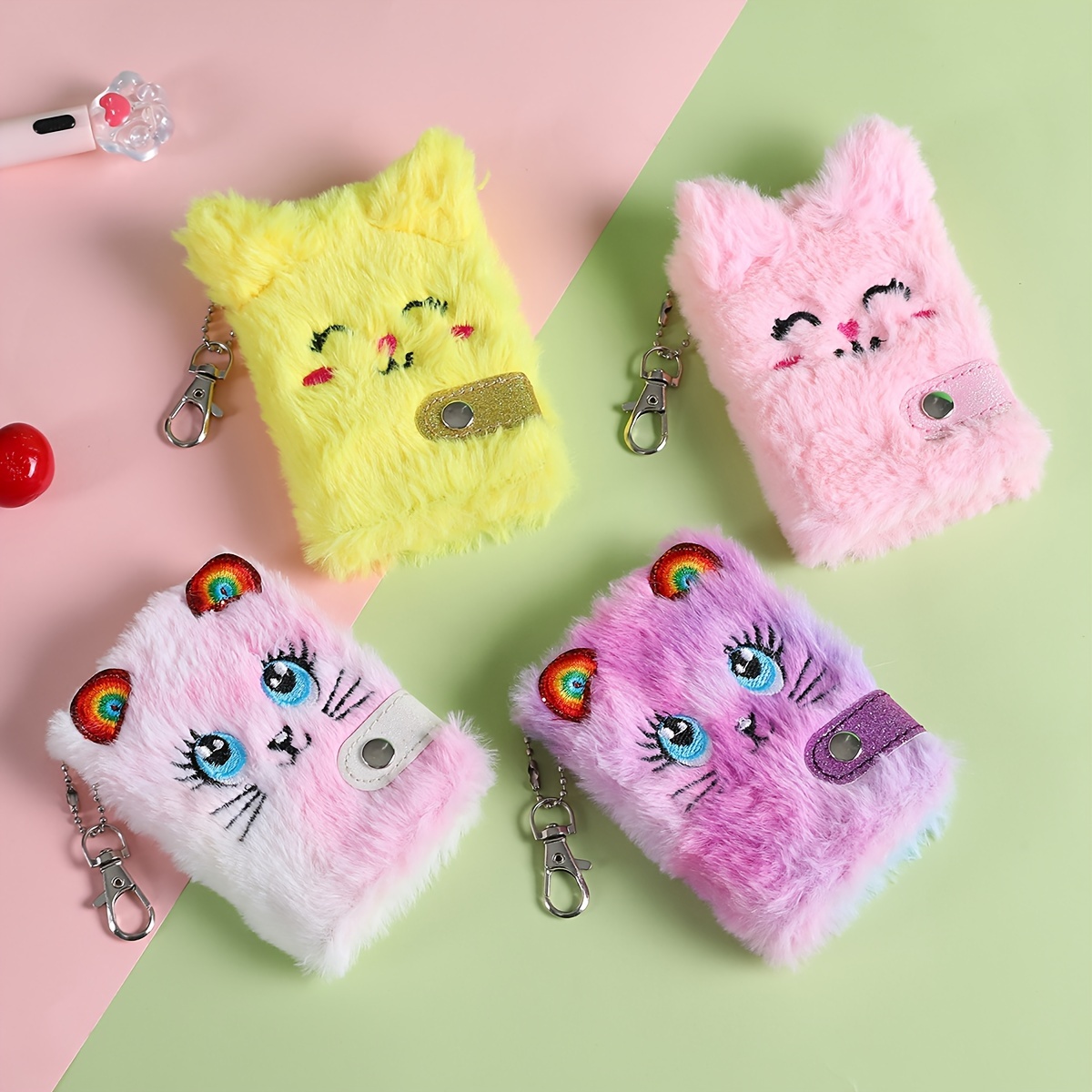 

1pcs Cute Cartoon Plush Cat Mini Notebook With Keychain, Blank Thick Inner Pages, Polyester Cover Travel Journal Writing Drawing Pad