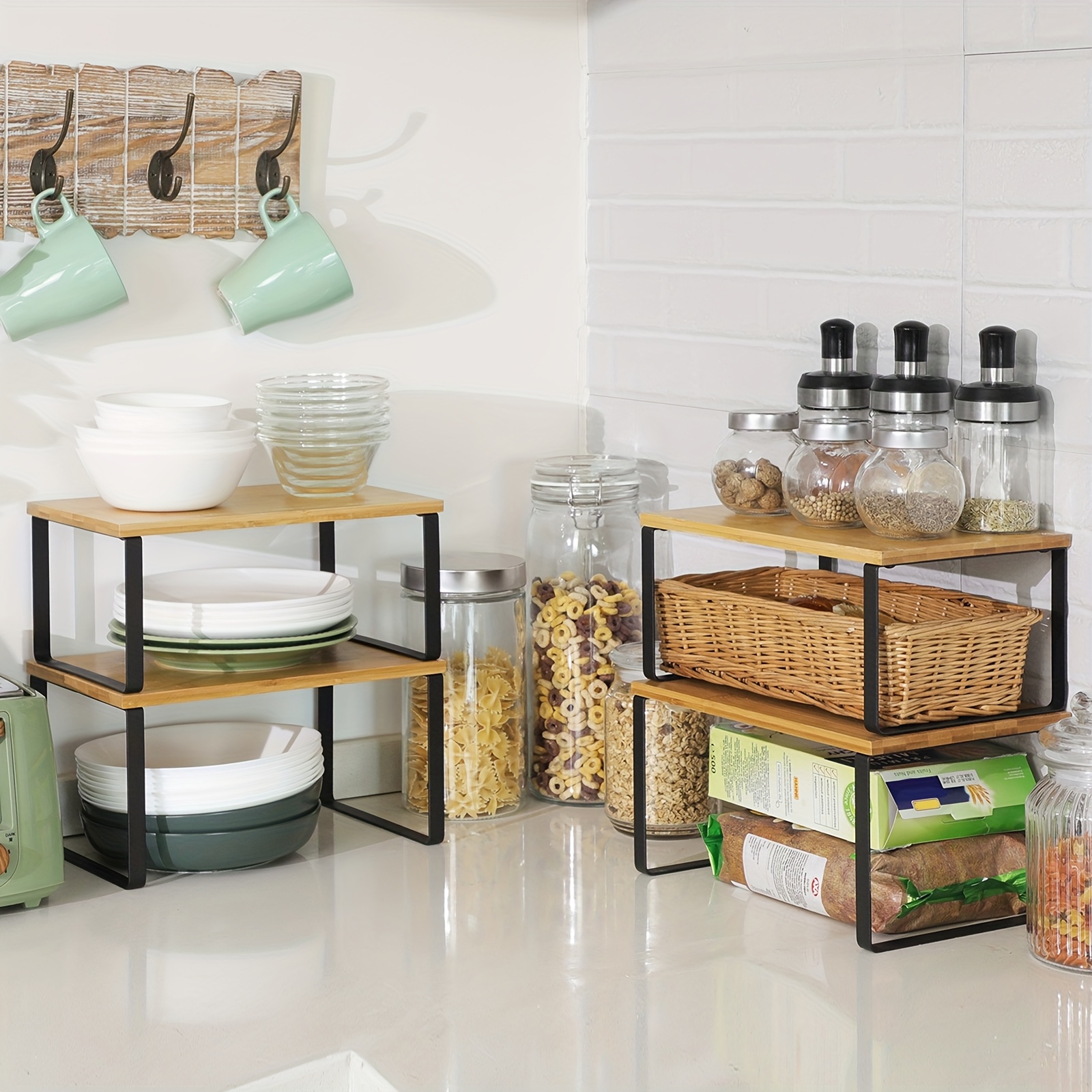 Set Of 4 Kitchen Cupboard Organizers, Stackable And Expandable Spice Racks Made Of Metal And Wood For Counter Storage