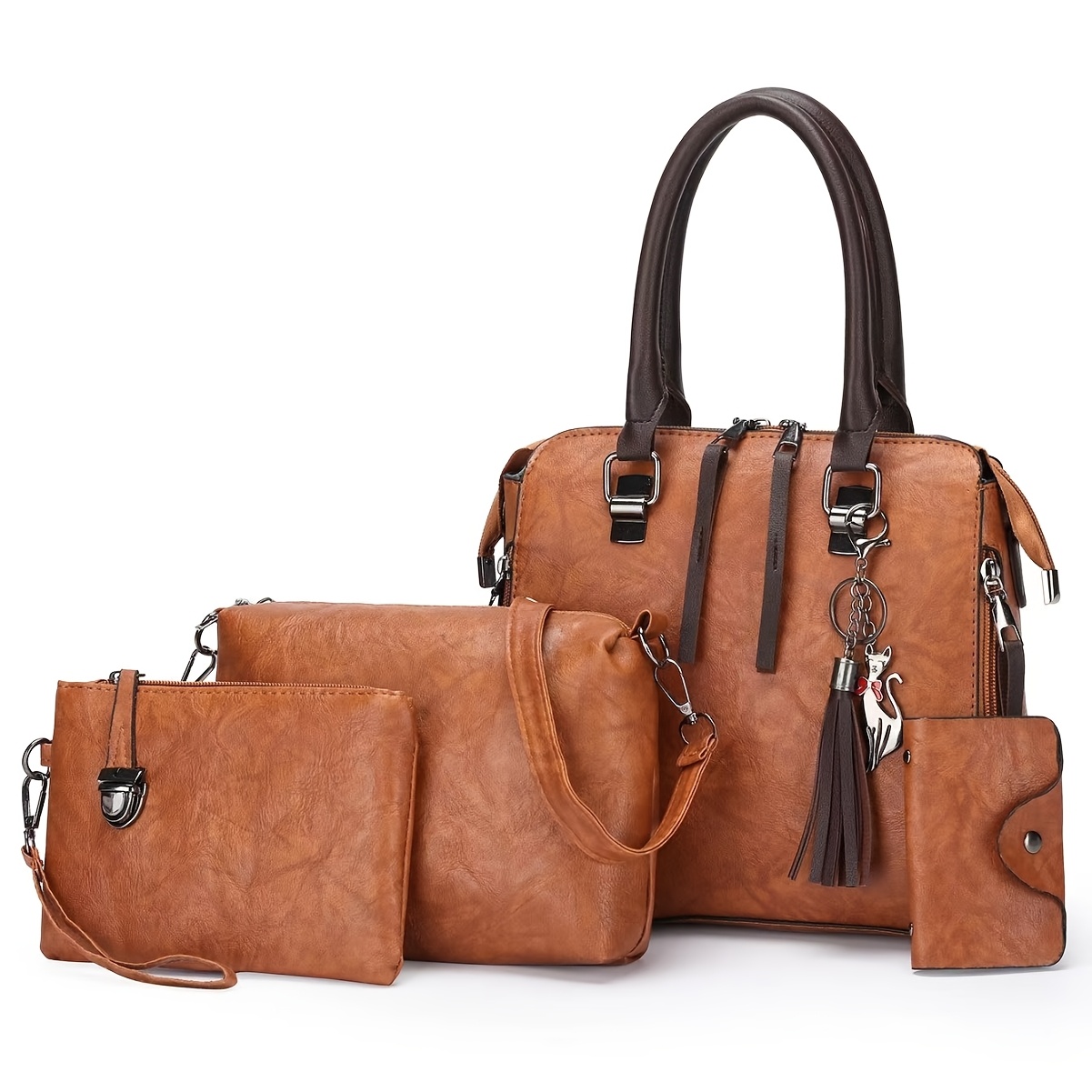 Image of Fashionable And Versatile 4-pc Women' Set, Retro Tote Bag, Crossbody Shoulder Bag, Handbag, Wallet, Large Capacity Oil Wax Pu Tassel Tote Bag, Meeting The Needs Of Daily Commuting, Travel, For Gifts