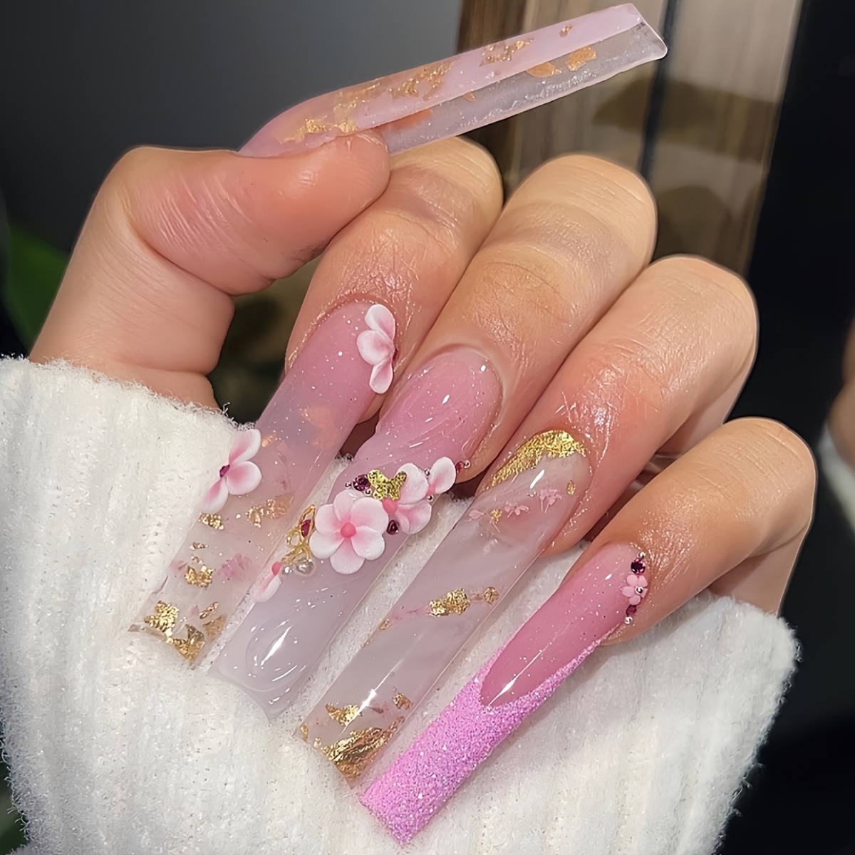 

Floral & Glitter Press On Nails, Mixed Color System, Long Square Shape, Glossy Finish With Jelly Glue & Nail File - 24 Piece Set For Women And Girls