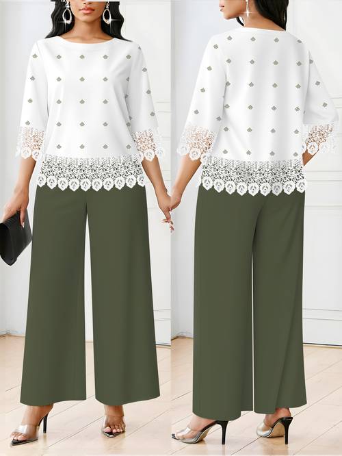 Artikelbild damen freizeit 2-teiliges set, polka dot print rundhals kurzarm top und spitzen-splice shirt, einfarbige lockere hose