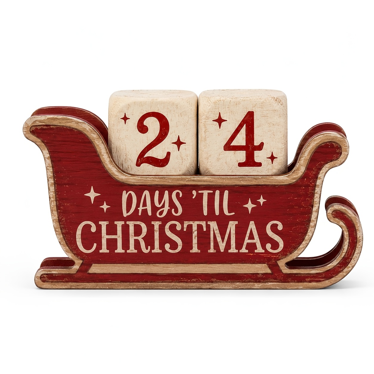 Image of Rustic & Sleigh-shaped Christmas Countdown Calendar Suitable For Mantelpiece, Coffee Bar Decor - Block Ornament With Numbered Days For Calendar, Artificial Wood Tabletop Gift For Home Decoration