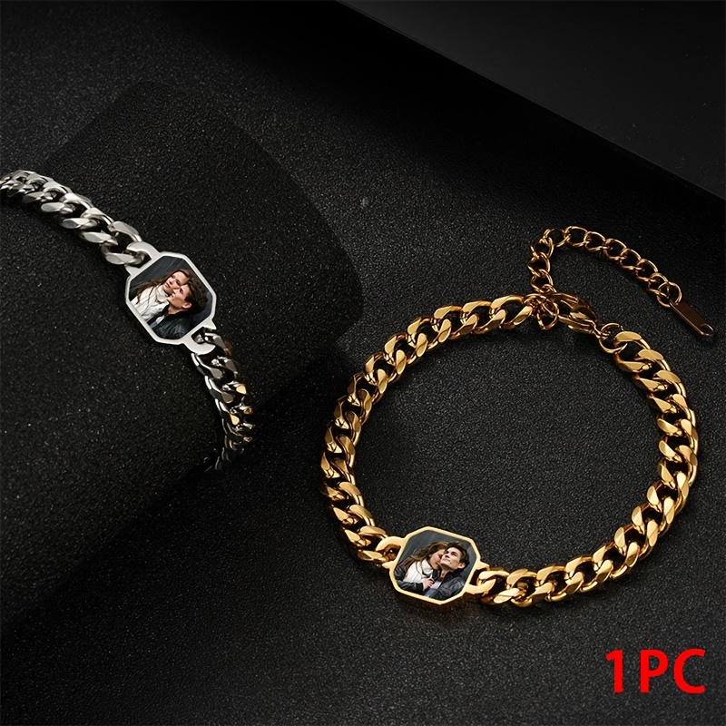 TEMU Pulsera de Personalizada con Foto, Pulsera de Acero Inoxidable Chapada en Oro de 18K con Foto Personalizada, Hipoalergénica y Resistente al